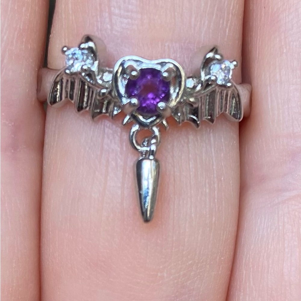 🦇✨ Amethyst and Clear Quartz Heart Bat Ring with Dangle